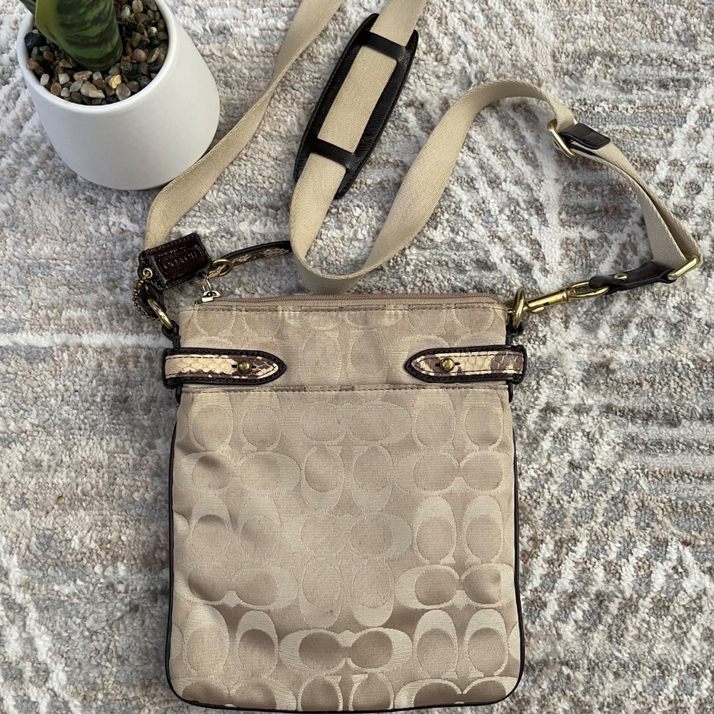 Coach Khaki Brown Signature & Reptile Snake Embossed Leather Crossbody - Picture 2 of 3